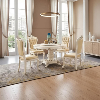 Clásico conjunto de comedor beige claro: mesa de comedor de lujo redonda y x4 sillas Chesterfield. Juego de 5 piezas.