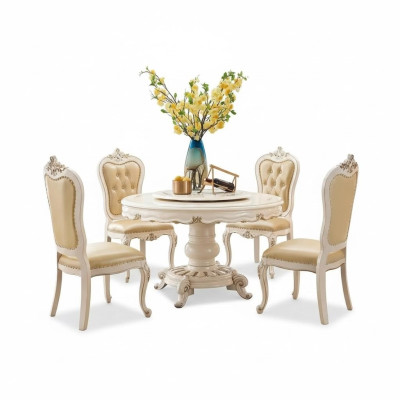 Clásico conjunto de comedor beige claro: mesa de comedor de lujo redonda y x4 sillas Chesterfield. Juego de 5 piezas.
