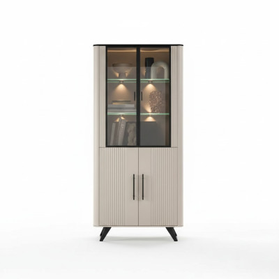 Vitrina de sala de estar moderna y lujosa en beige, armario de cristal, armarios.
