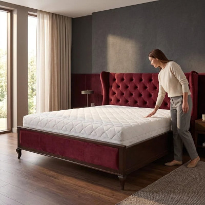 Estilo clásico Chesterfield Cama de lujo cama doble Muebles de madera Terciopelo rojo
