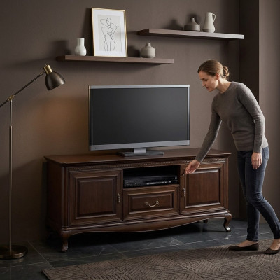 Soporte de TV de madera maciza, marrón, mueble de televisión.