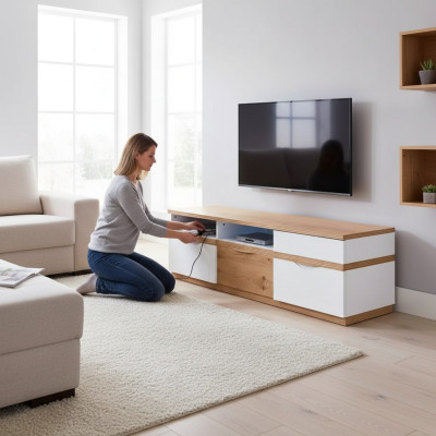 Soporte de TV para pared, mueble de televisión, tablero bajo blanco de alto brillo.