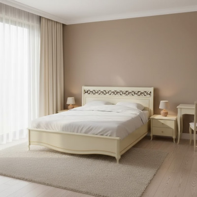 Cama acolchada de diseño de lujo doble, camas de hotel de madera nuevas en blanco.