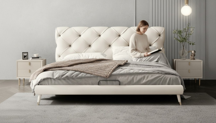 Juego de dormitorio de lujo moderno de diseño de 3 piezas: cama, mesita de noche.