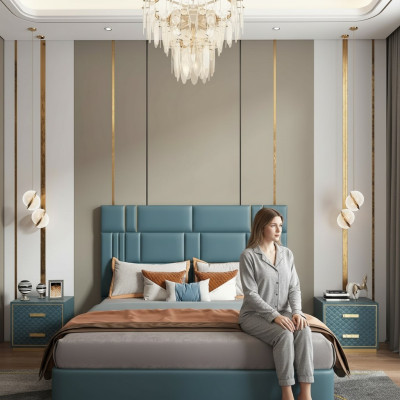 Diseño de cama de lujo para dormitorio doble acolchado en hotel muebles de cama de 180x200.