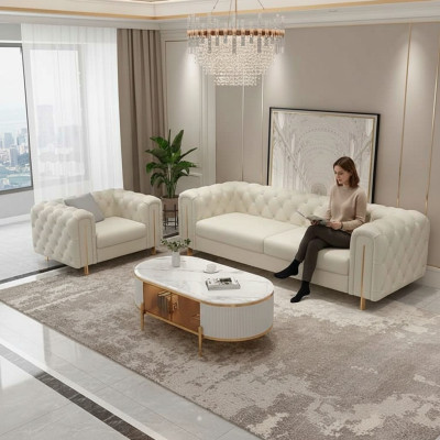 Conjunto de sala de estar de 2 piezas con sofá de tres plazas moderno y sillón de cuero.