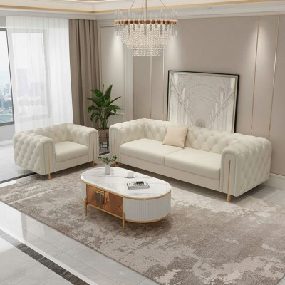 Conjunto de sala de estar de 2 piezas con sofá de tres plazas moderno y sillón de cuero.