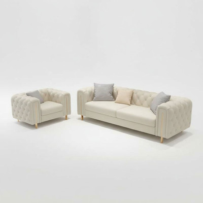 Conjunto de sala de estar de 2 piezas con sofá de tres plazas moderno y sillón de cuero.