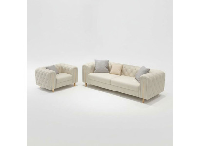 Conjunto de sala de estar de 2 piezas con sofá de tres plazas moderno y sillón de cuero.