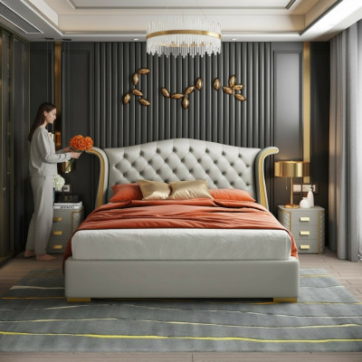 Cama de lujo de cuero, camas 180x200, cama de dormitorio, estanterías Chesterfield
