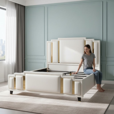 Diseño lujoso de cama de cuero con cabecero, cama doble de hotel.