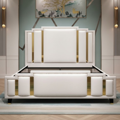 Diseño lujoso de cama de cuero con cabecero, cama doble de hotel.