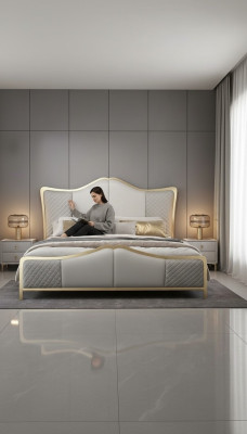 Diseño de cama. Camas de lujo. Hotel moderno. Estructura de hotel de dormitorio.