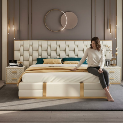 Cama acolchada de diseño de lujo Doble camas de hotel beige Lujo Hotel Nuevo