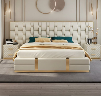 Cama acolchada de diseño de lujo Doble camas de hotel beige Lujo Hotel Nuevo
