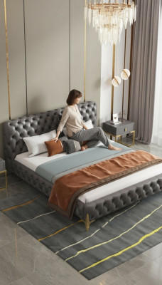 Cama Chesterfield acolchada de diseño de lujo, camas dobles de hotel de lujo, nuevo hotel de lujo.