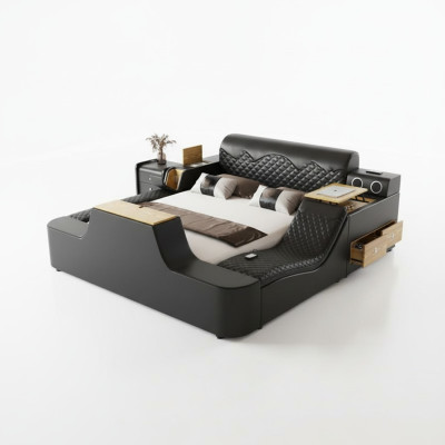 Cama doble de lujo de cuero con masaje, camas acolchadas de hotel modernas con Bluetooth.