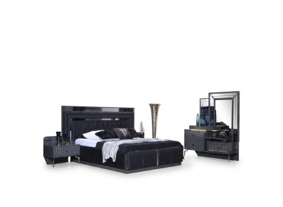 Juego de dormitorio completo en negro de lujo con cama doble y dos mesitas de noche, de 4 piezas.