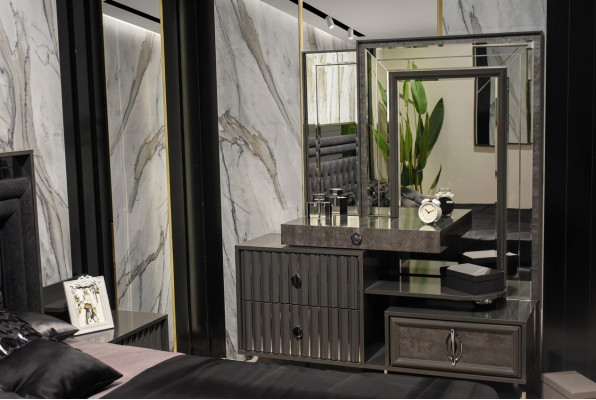 Negra tocador de maquillaje de lujo, consola de madera de diseñador, muebles de dormitorio.