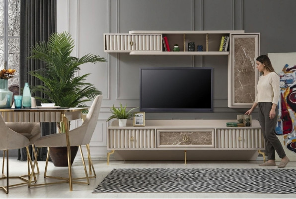 Mueble de pared moderno de diseñador de lujo de madera para salón elegante.