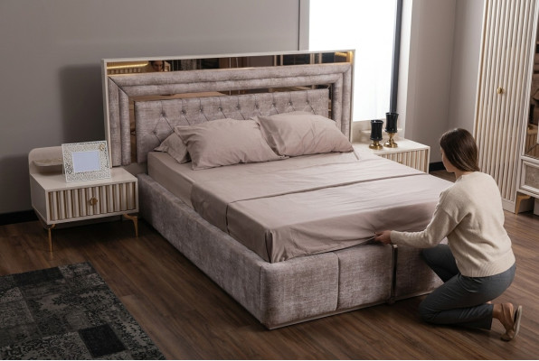 Taupes Set de dormitorio Diseñador de muebles Cama doble Mesitas de noche Muebles de madera