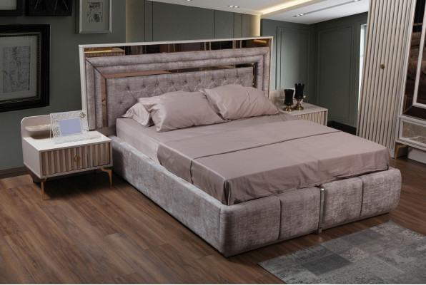 Taupes Set de dormitorio Diseñador de muebles Cama doble Mesitas de noche Muebles de madera
