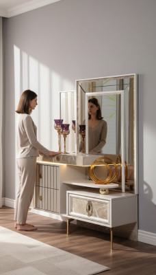 Mesa de maquillaje blanca para dormitorio, diseño de consola de madera con espejo, nuevo.
