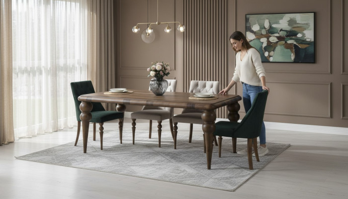 Clásico juego de comedor de madera para el comedor Mesa de comedor 6 sillas tapizadas 7 piezas.