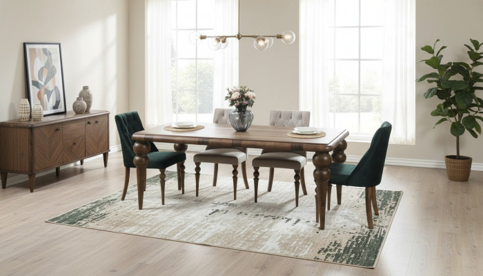 Clásico juego de comedor de madera para el comedor Mesa de comedor 6 sillas tapizadas 7 piezas.
