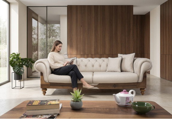 Sofá Chesterfield marrón y blanco, sofá de salón de diseñador, mueble de asiento nuevo.