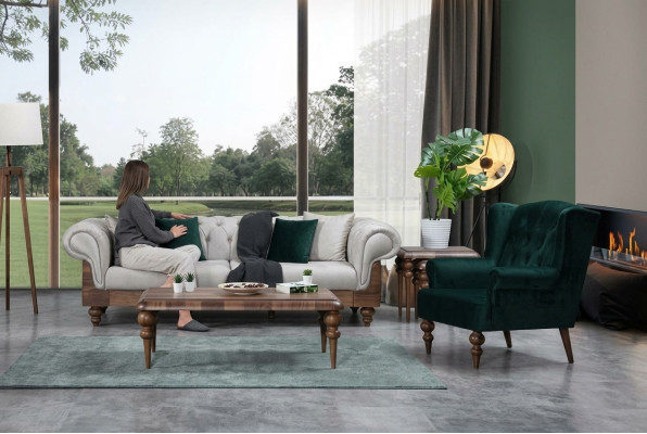Conjunto clásico de sofá de 3 plazas + sillón Chesterfield muebles de diseñador