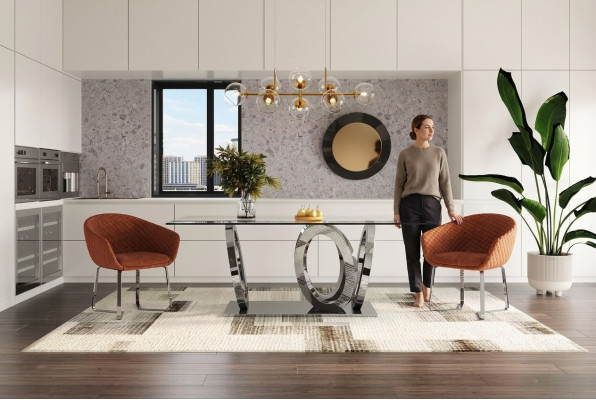 Moderna mesa de comedor de diseñador con tablero de vidrio en estilo moderno muebles.