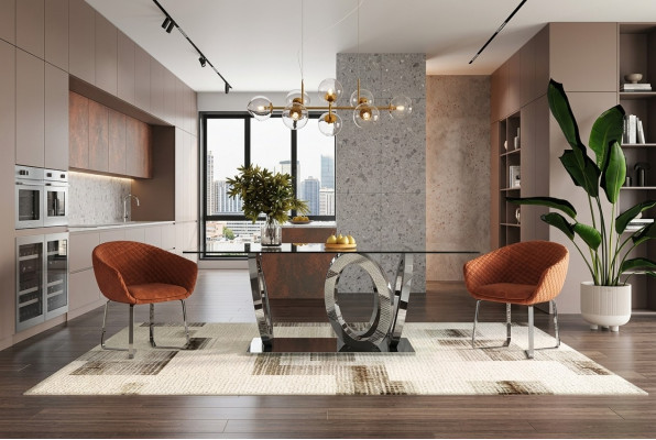 Moderna mesa de comedor de diseñador con tablero de vidrio en estilo moderno muebles.