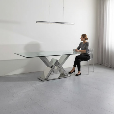 Mesa de comedor de lujo, mesa de columna plateada, mesas de comedor, mesa de comedor de cristal