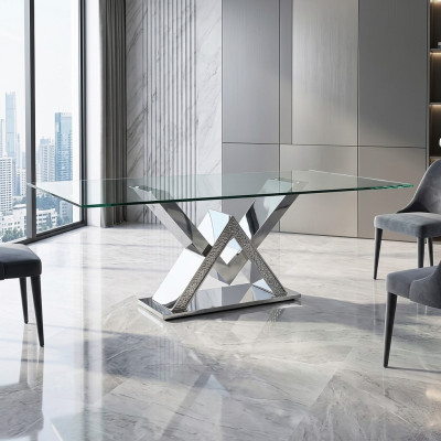 Mesa de comedor de lujo, mesa de columna plateada, mesas de comedor, mesa de comedor de cristal