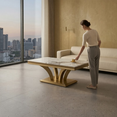 Mesa de café Diseño Sala de estar Lujo Mesas Mobiliario Oro 115x70