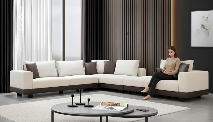 Sofá de esquina de lujo para la sala de estar en forma de L, tapizado en tela, con estructura de madera, con estilo.
