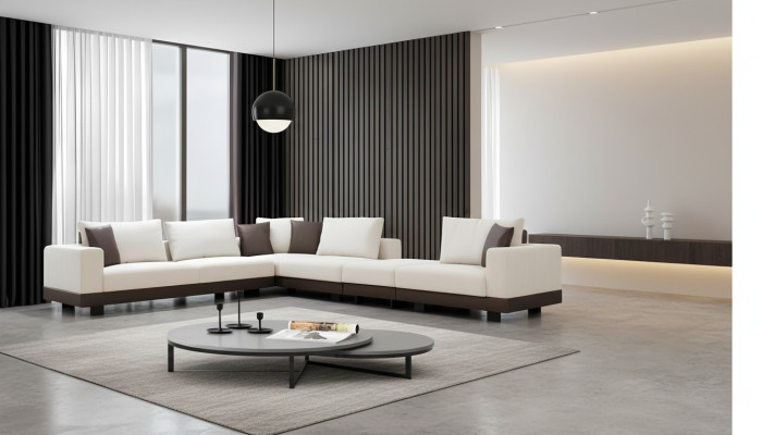 Sofá de esquina de lujo para la sala de estar en forma de L, tapizado en tela, con estructura de madera, con estilo.