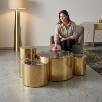 Mesa de centro dorada para sala de estar Mesa auxiliar diseño moderno tapa de cristal