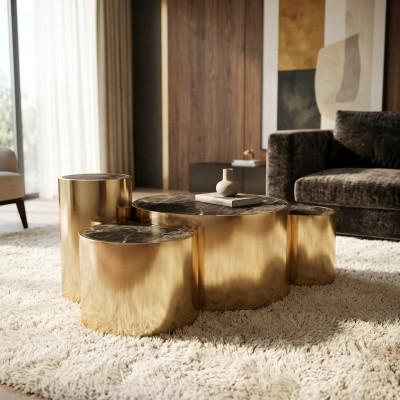 Mesa de centro dorada para sala de estar Mesa auxiliar diseño moderno tapa de cristal