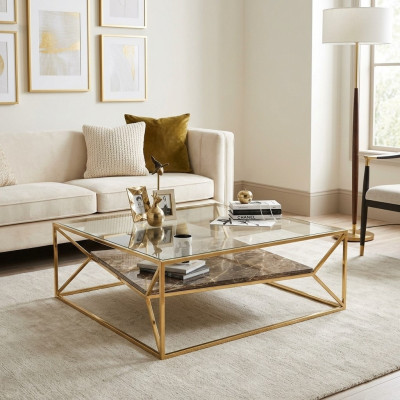 Moderna mesa de centro de mármol para sala de estar, mesa de lujo de acero inoxidable con tablero de vidrio.
