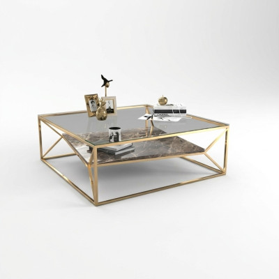 Moderna mesa de centro de mármol para sala de estar, mesa de lujo de acero inoxidable con tablero de vidrio.