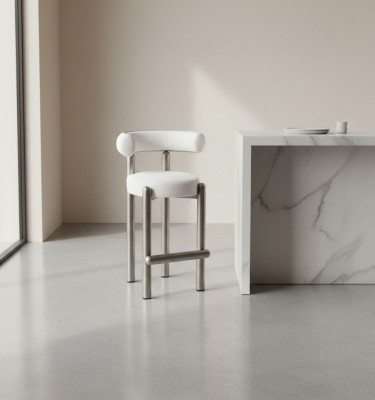 Diseñador taburete blanco con patas de acero inoxidable - mueble de bar de lujo de una plaza