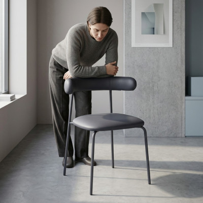 Silla de acero inoxidable negro, sillas de cuero artificial, muebles de comedor de una plaza.