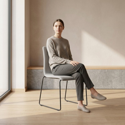 Silla gris de una plaza con patas de acero inoxidable, muebles de comedor de diseñador nuevos.