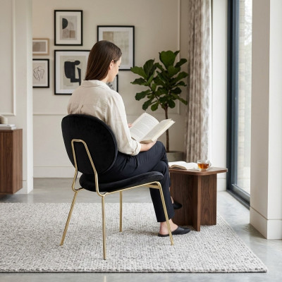 Silla de diseñador negra con patas de acero inoxidable Sillas de comedor modernas