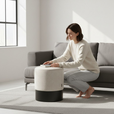 Puf diseñador, taburete de textiles elegante, asiento, mueble de dormitorio.