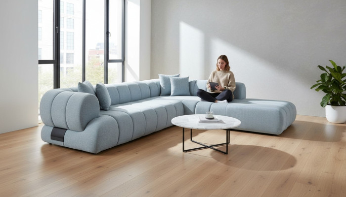 Sofá de esquina de tela gris en forma de L, sofá de diseñador, mueble tapizado con estructura de madera.