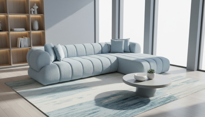Sofá de esquina de tela gris en forma de L, sofá de diseñador, mueble tapizado con estructura de madera.