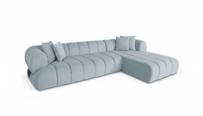 Sofá de esquina de tela gris en forma de L, sofá de diseñador, mueble tapizado con estructura de madera.